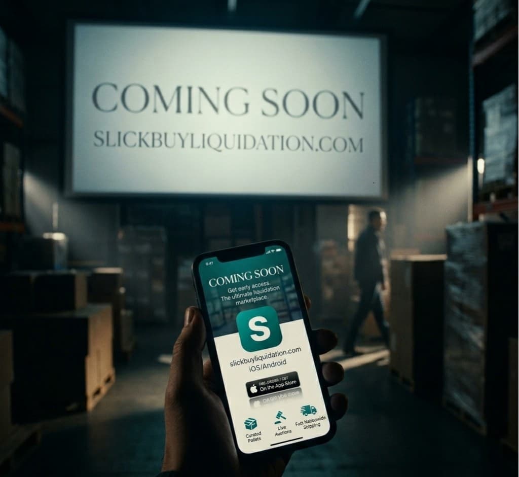 Slick Buy mobile app coming soon—warehouse scene with phone and projection screen